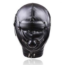 sensory deprivation hood with open mouth gag